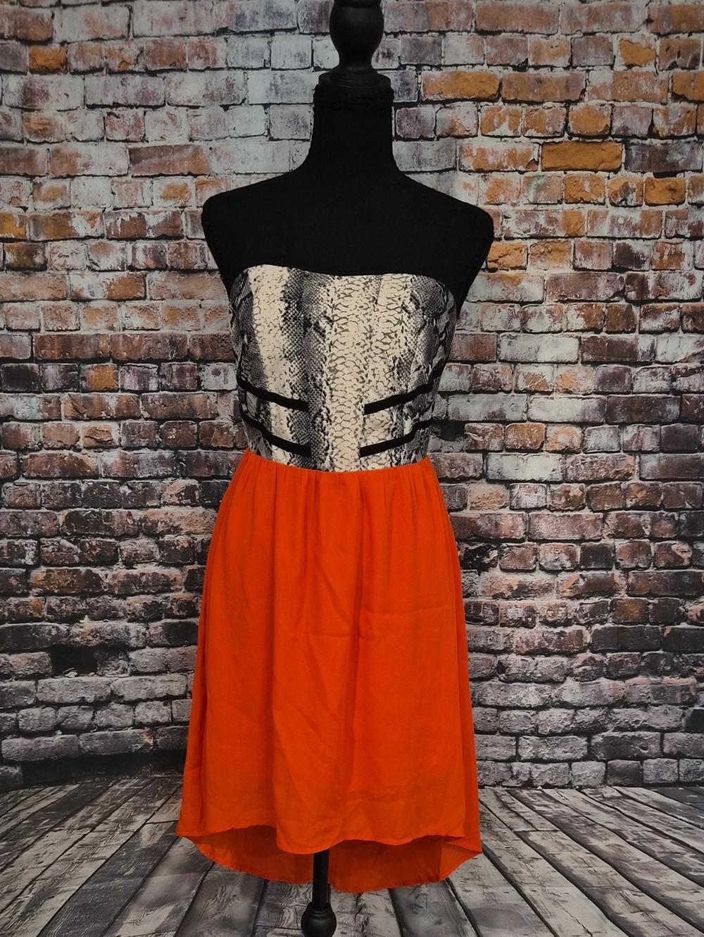 Strapless Orange Dress with Snake-Print Bodice and Black Trim